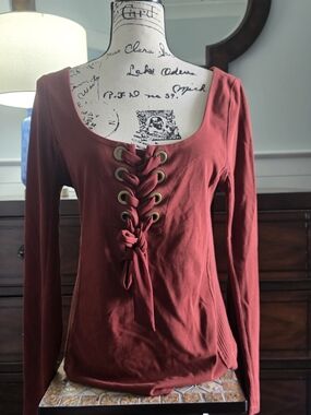 Free People We The Free Rust Lace Up Grommet Long Sleeve Top L Excellent